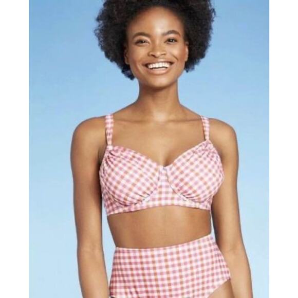 Kona Sol Pink Gingham High Waist Bikini Bottom size L - Picture 1 of 5